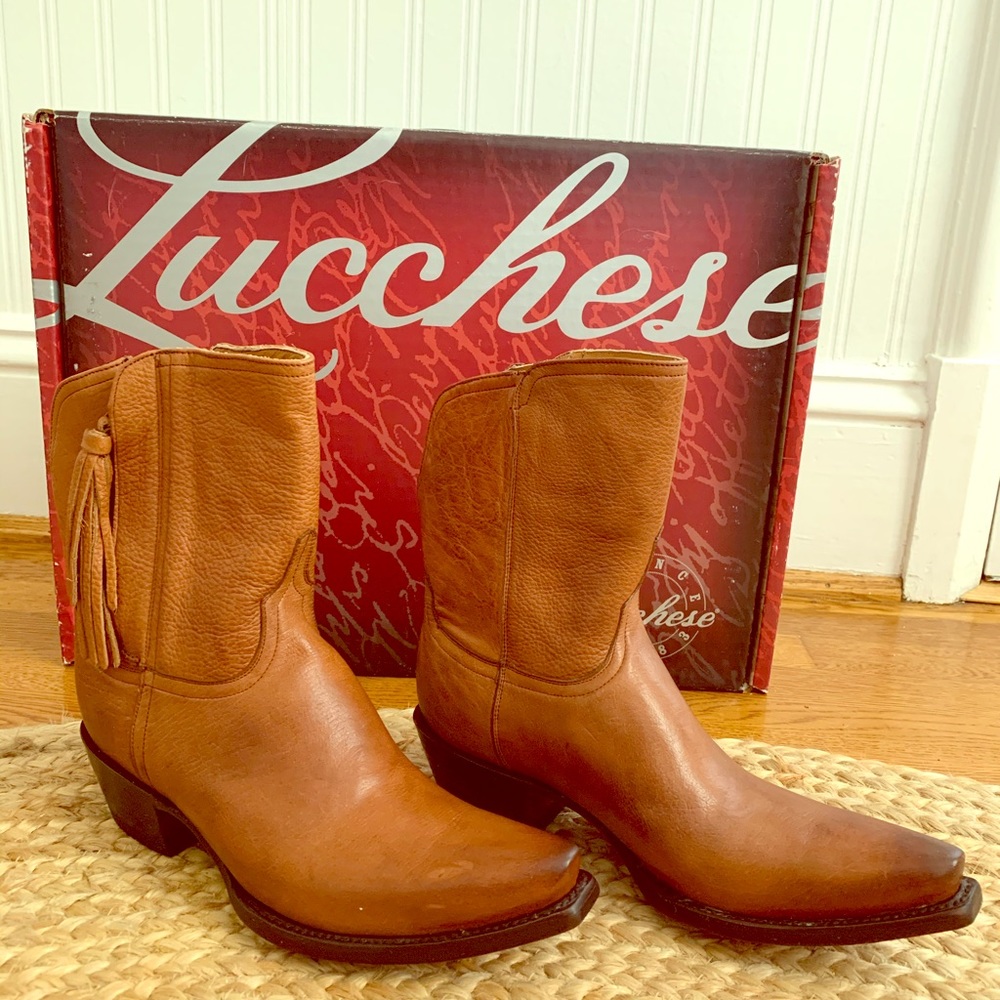 Lucchese tan tassel booties.